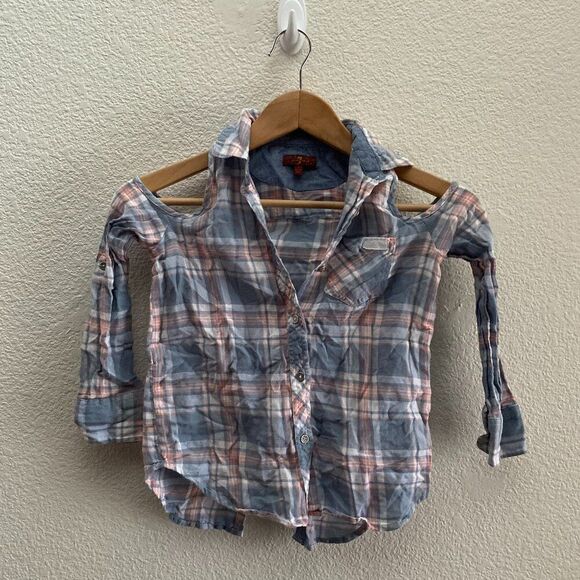 Girls 7 For All Mankind Plaid Cold Shoulder Button Down Shirt Western Small - Picture 1 of 4